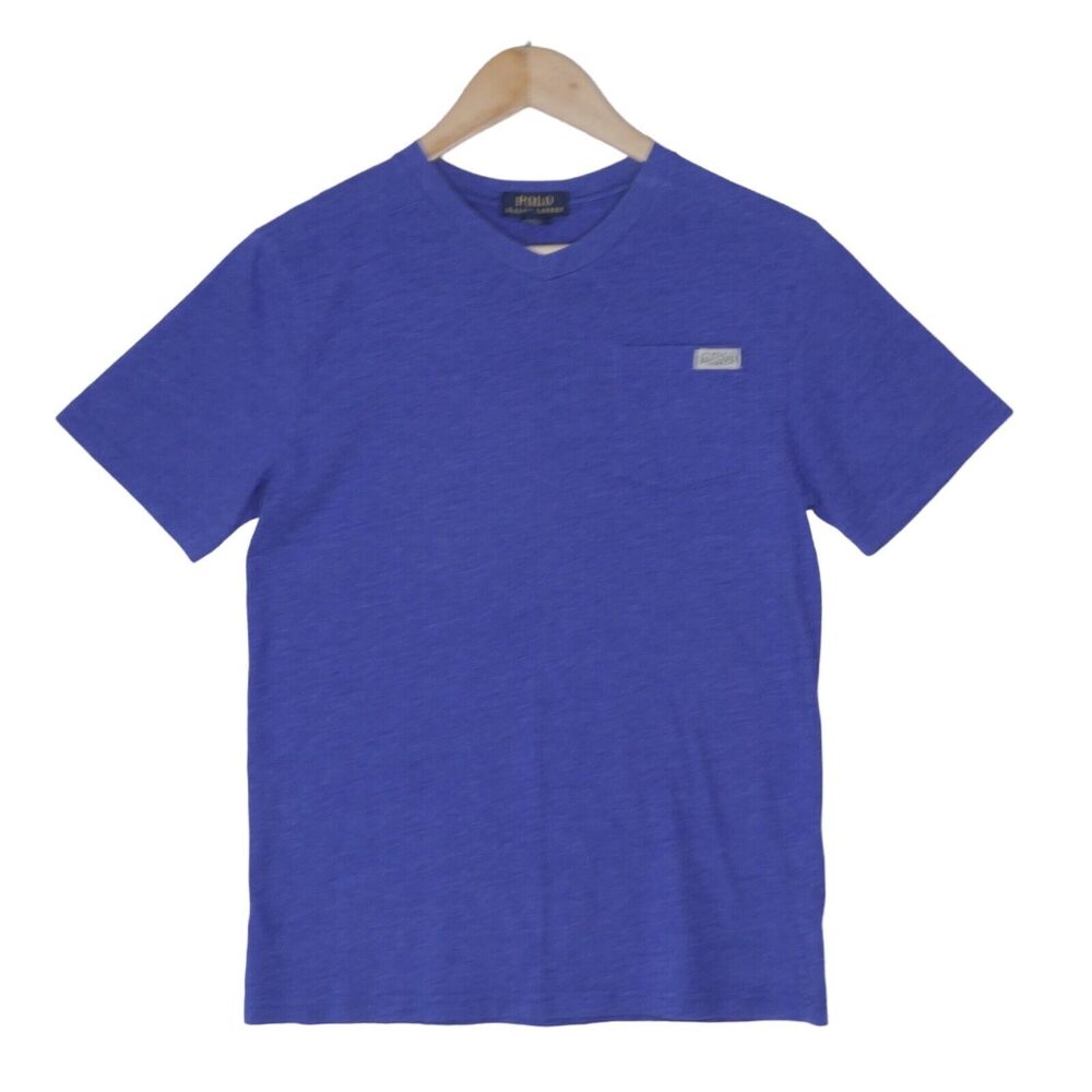 Polo Ralph Lauren 1967 Boy's T Shirt Blue V Neck Short Sleeve Cotton Blend EUC